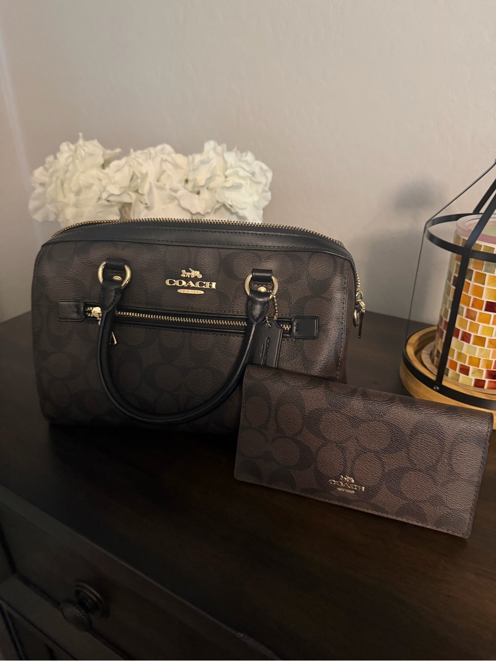 Coach Brown Signature Canvas Satchel with Gold Hardware